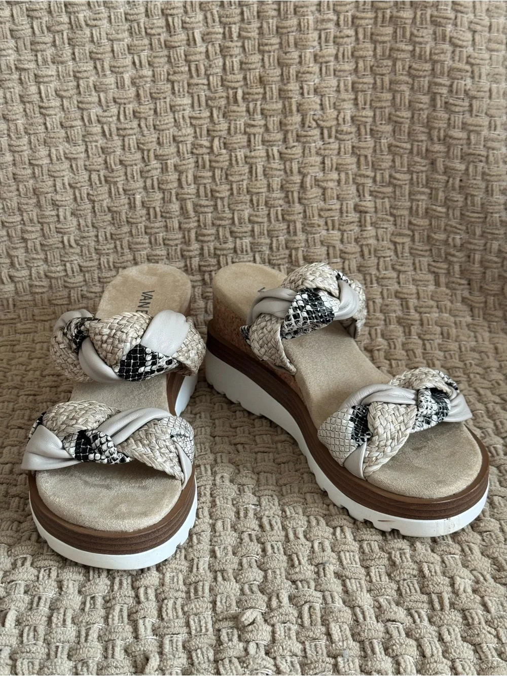 Vaneli Beige Braided Wedge Slides with Snake-Print Accent